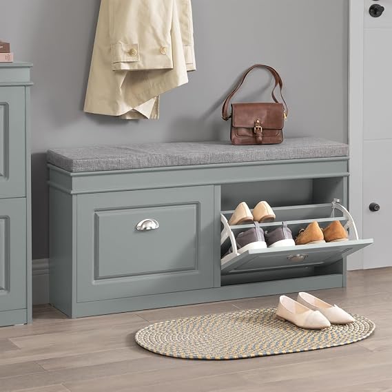 Haotian Grey Storage Shoe Bench with Two Flip Drawers & Cushion | Entryway Bench Shoe Cabinet Shoe Organizer, Hidden Shoe Rack for Hallway, Bedroom FSR64-HG