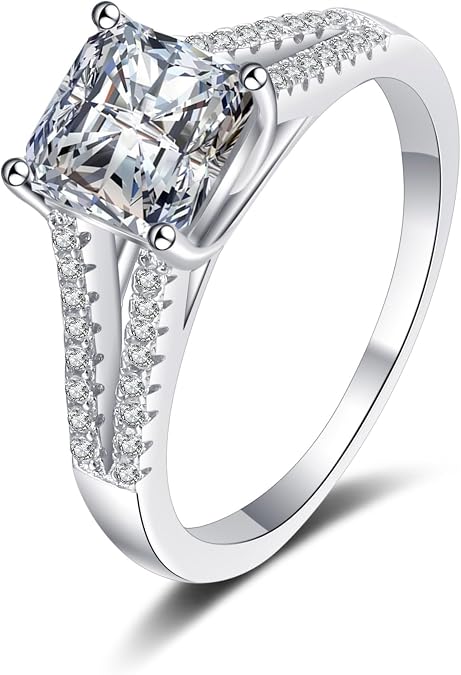 StarGems Asscher Cut Four Prong 2ct Moissanite 925 Silver Platinum-Plated Ring RX002