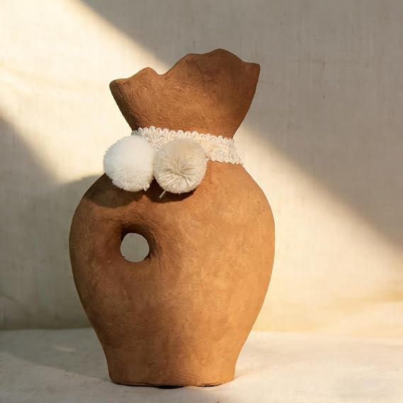 Modern Rustic Farmhouse Ceramic Vase 8 inch, Handmade Terracotta Vases with Pom Poms, Small Clay Vase for Home Decor, Shelf Entryway Table Living Room
