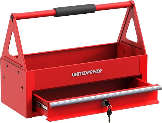 UNITEDPOWER Handy Tool Box With 1 Drawer,Portable Metal Tote Tray with comfortable grip handle, Tool Organization for Household, Warehouse, Repair Shop, Red