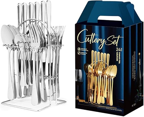Kitchen Utensils Set,24Piece Flatware Set Stainless Steel Sets Mirror Polishing Tableware Sets Multipurpose Use for Home and Kitchen, Service for 6 Storage Rack Gift Box-Silver