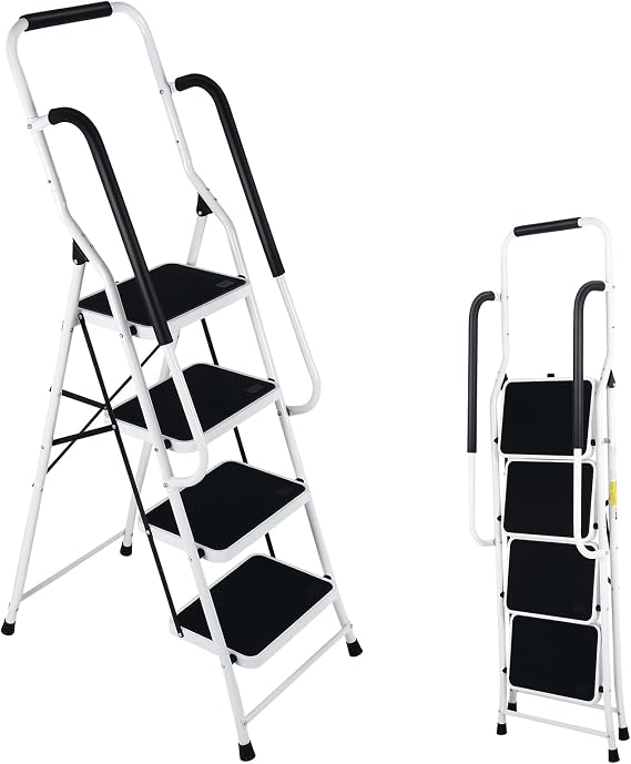 Step Ladder 4 Step Folding with Handrails, Folding Step Stool with Wide Anti-Slip Pedal, Sturdy Steel Portable Ladder, Lightweight Step Stool Foldable for Library Home Garage Office
