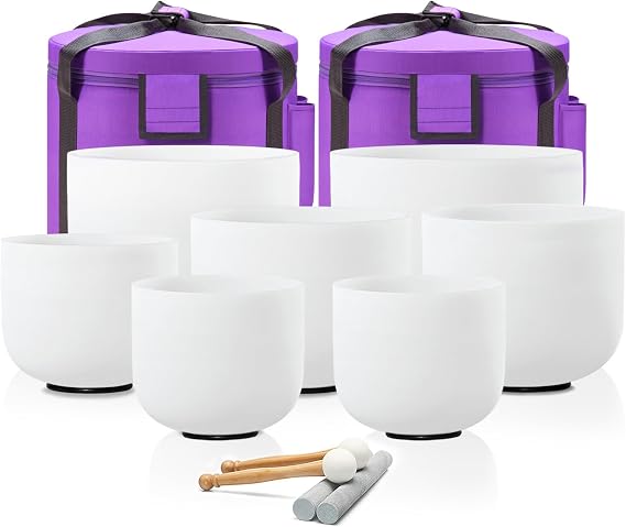 CVNC Crystal Singing bowl Set of 7 for Sound Healing White 7"-12" | 432HZ Frosted Chakra Quartz, Sound Healing Meditation,Mindfulness,Relaxation,with 2 Case Bags and Rubber Mallets
