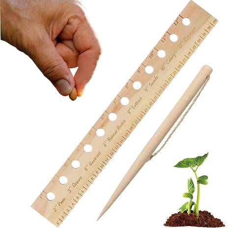 Spacer Tool Seeder Planting Ruler Seeding Spacing Ruler Template with Plant Dibble, Precise Planting for Vegetable, Garden, Yard, Wooden with Holes