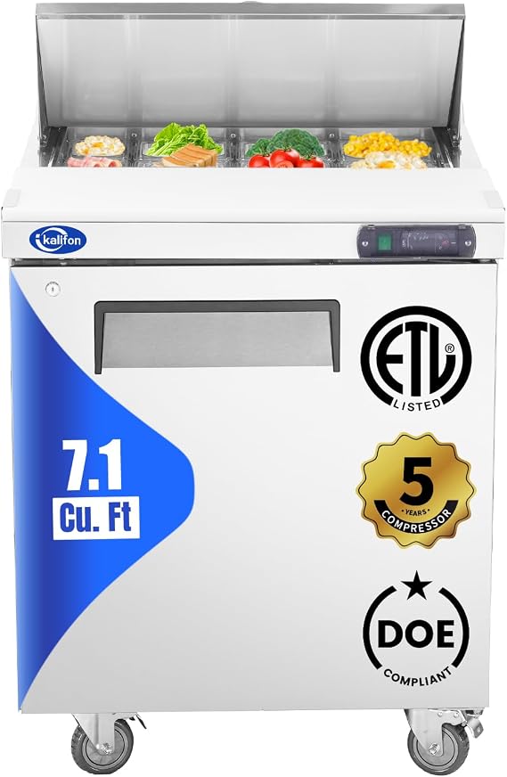 27" W Sandwich Salad Prep Table Refrigerator, 8 Pans, 7.4 Cu. Ft.