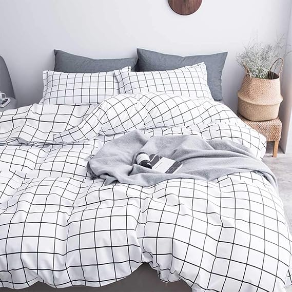 NANKO Queen Duvet Cover Set Grid, 90x90 Soft Bedding Cover, Luxury Cool Lightweight Microfiber 3pc Set (1 Cover 2 Pillowcase) with Zip,Tie - Modern Style Preppy Room Decor Bed Quilt Cover, Plaid White