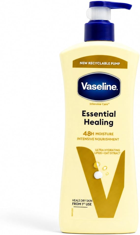 Vaseline Essential Healing Body Lotion Pump 600ml – Moisturising Lotion for Dry Skin, 48H Hydration, Nourishing Body Cream for Soft Smooth Skin Care