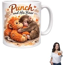 Punch and His Bear Mug with Orangutan Teddy Design 11oz Cute Monkey Ceramic Cup for Drinking Coffee Tea Motivational Adorable Punch The Monkey Mug Present for Birthday Mothers Day Gifts
