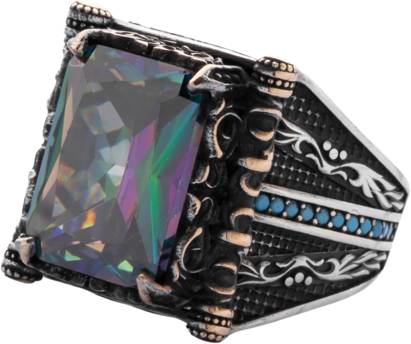 925 Sterling Silver Men's Ring Mystic Topaz Stone with Mini Turquoise Decoration on the Sides