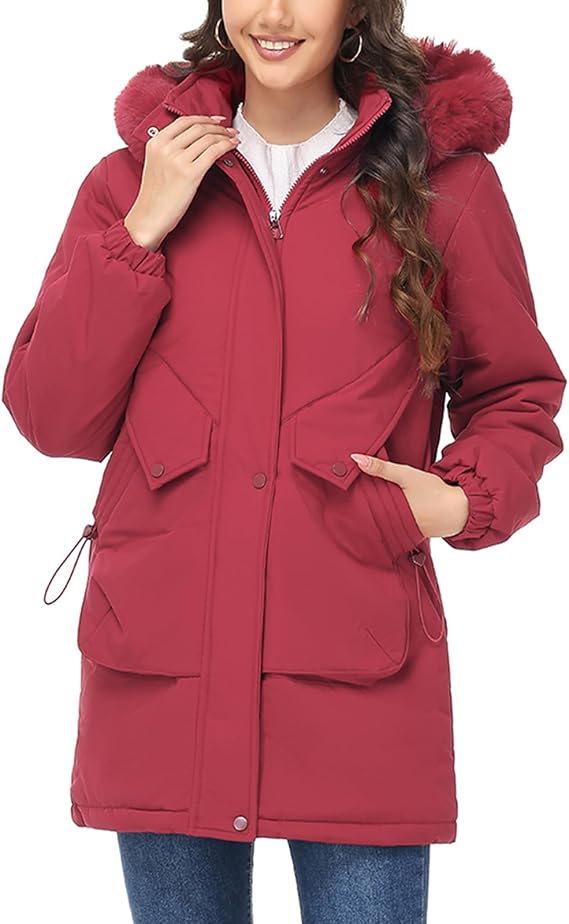 Lamgool Women's Winter Coats Warm Thicken Puffer Jackets Windproof Hooded Parka with Removable Faux Fur Trim Hood