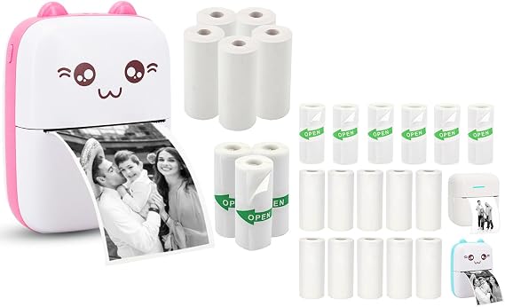 Mini Pocket Printer Set with 8 Rolls Printing Paper + 16 Rolls Sticker/White Plain Paper Set, Pink