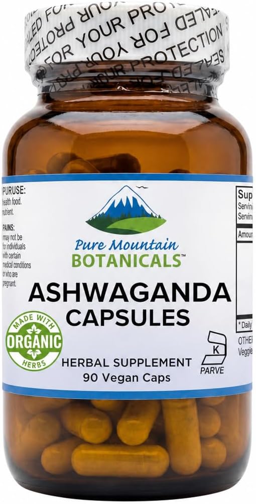 Pure Mountain Botanicals Ashwagandha Capsules - 90 Ct Organic Root Extract | 475mg per Serving, 1.5% Withanolides, Kosher Certified, Vegan, Non-GMO, Gluten-Free, Stress Support