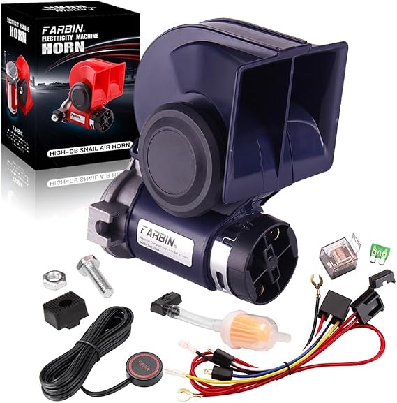 FARBIN Air Horn for Car Train Horn for Trucks Loud Car Horn Kit with Button | Compact, blue, 12V 150dB loud, with relay wiring harness and push button switch, universal for any 12V vehicles