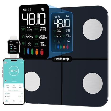 Healthkeep Body Fat Scales | Digital Bathroom Scale Weight Machine with 15 Body Composition Metrics(BMI,Heart Rate,Muscle,Bone ect.), Large VA Display and App Electric Weighing-Scale for Fitness