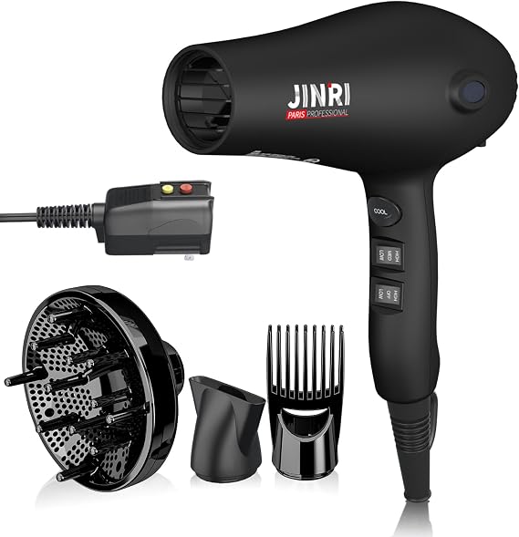 Hair Dryer - JINRI 1875W Diffuser Blow Dryer for Salon & Personal Use Powerful, Fast Drying with Diffuser, Comb & Nozzle for Women & Men, ALCI Safety Plug, Black