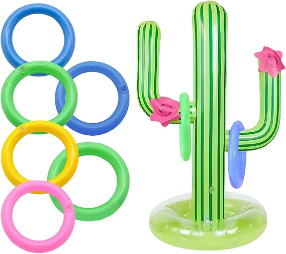 7Pcs Inflatable Cactus Ring Toss Game Set, Inflatable Cactus with 6 Rings | Hawaiian Party Decorations, Fun Party Game for Kids & Adults, Swimming Pool Toy, Limbo Game