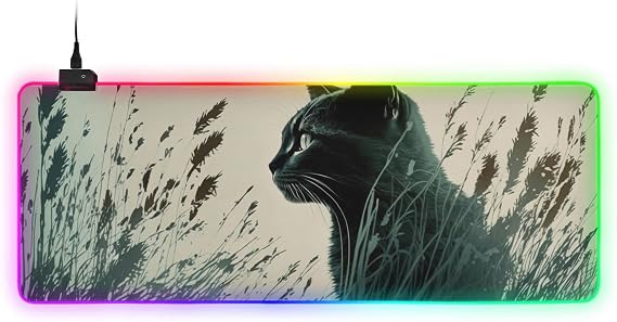 Gaming Mouse Pad (Black Cat Grass), RGB Light Large Fabric Soft Desk Mat with Multiple Light Modes Anti Slip Rubber Base 2 Size