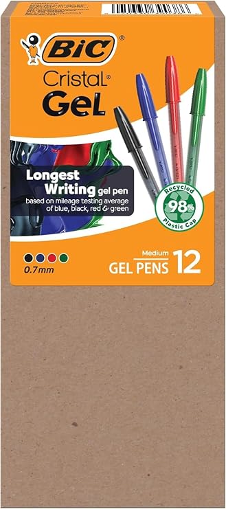 BIC Cristal Gel Pens, Medium Point, 0.7 mm, Assorted Colors, 12-Count