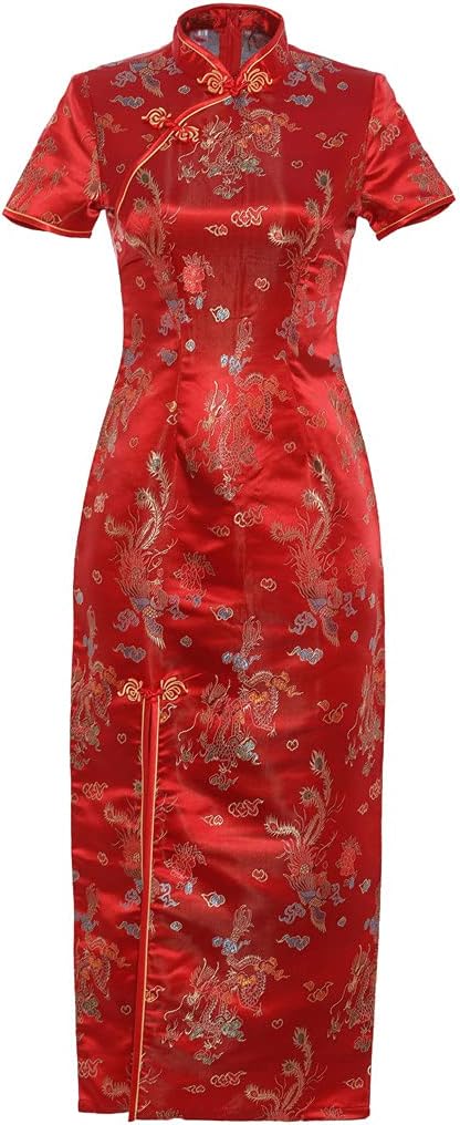 Shanghai Story Short Sleeve Long Qipao Brocade Chinese Traditional Cheongsam Dress for Womens