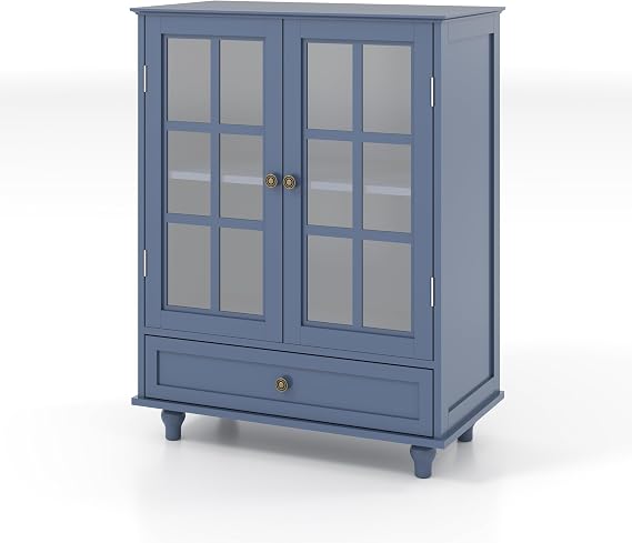 Modern Minimalist Buffet Cabinet with Double Glass Doors & Drawer