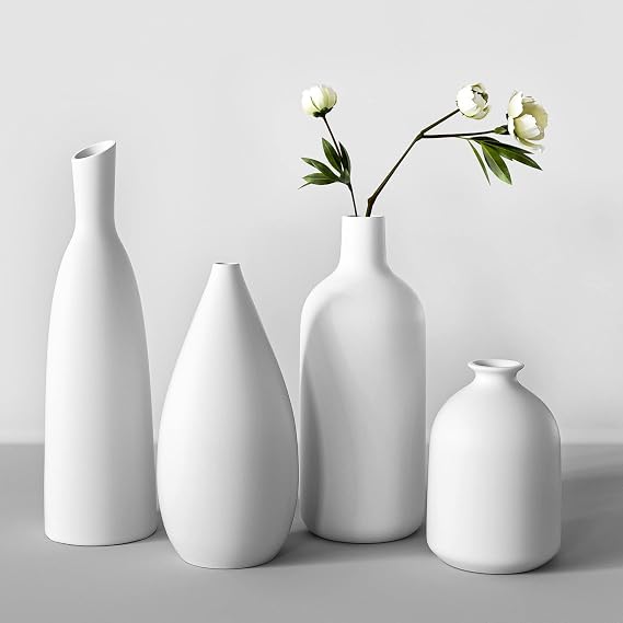Beinhome White Ceramic Vase Set of 4 | Modern Farmhouse Decorative Vases for Entryway Mantel Centerpiece Bookshelf Console Table