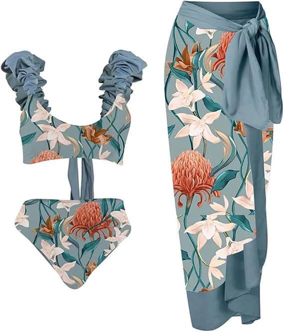 IDOPIP Women's One Piece Swimsuit with Beach Cover up Wrap Skirt Sarong Retro Floral Print Bikini Set Two Piece Bathing Suits