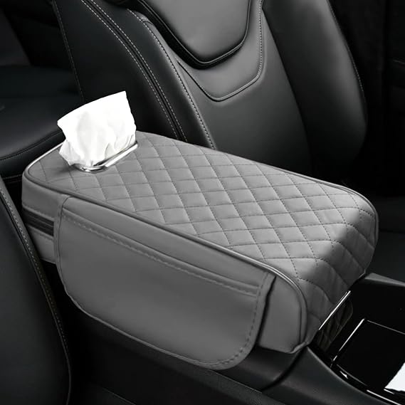 Car Center Console Cover, 13"7.09"2.95" Leather Car Armrest Cover with Pockets & Tissue Box, Comfortable Auto Armrest Cushion, Universal Arm Rest Protector for Car SUV Truck (Gray)