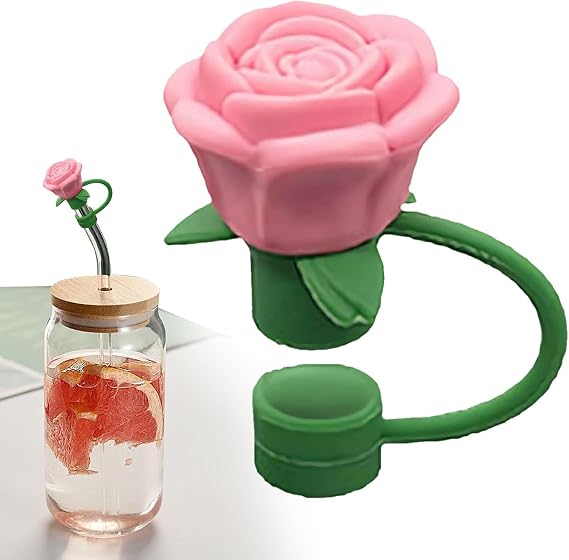 10mm Rose Flower Straw Covers for Stanley Cup,Silicone Cover Dust Proof Plugs Protector,Flower Straw Tips Drinking Dust Cap for 30&40 Oz Accessories (Deep Pink)