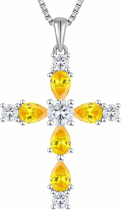YL Cross Necklace for Women 925 Sterling Silver Halo Gemstone Pendant Birthstone Religious Jewelry for Mom