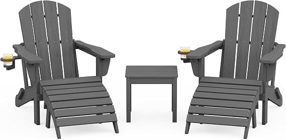 SERWALL 5-Piece Folding Adirondack Chair and Ottoman and Table Set, HDPE Adjustable Adirondack Chairs Set, Grey