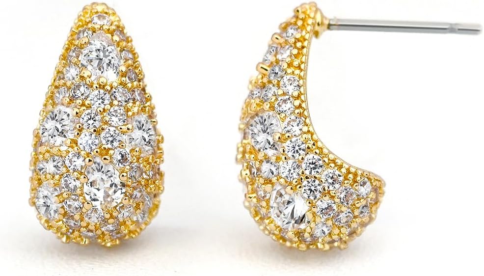 Small CZ Teardrop Pave Drop Dangle Earrings | 14K Gold-Plated or Rhodium-Plated Brass with Stainless Steel Posts | Sparkling Cubic Zirconia Statement Earrings for Women