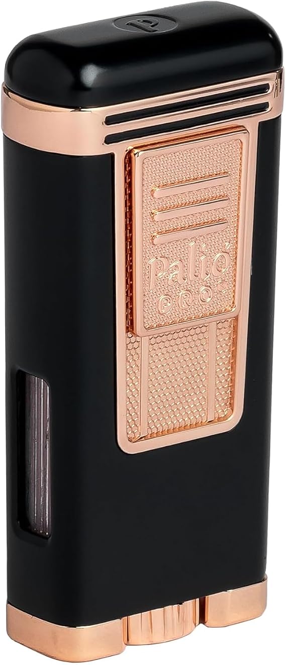 Palio PRO Line, Polaris Triple Jet Torch Lighter. Pull Down Ignition, Metallic Body, Large Easy View Fuel Window (Black-Rose Gold)