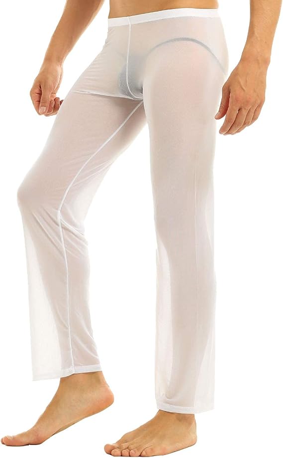 iEFiEL Men's Pajamas Mesh See Through Home Lounge Pants Nightwear (S, White)