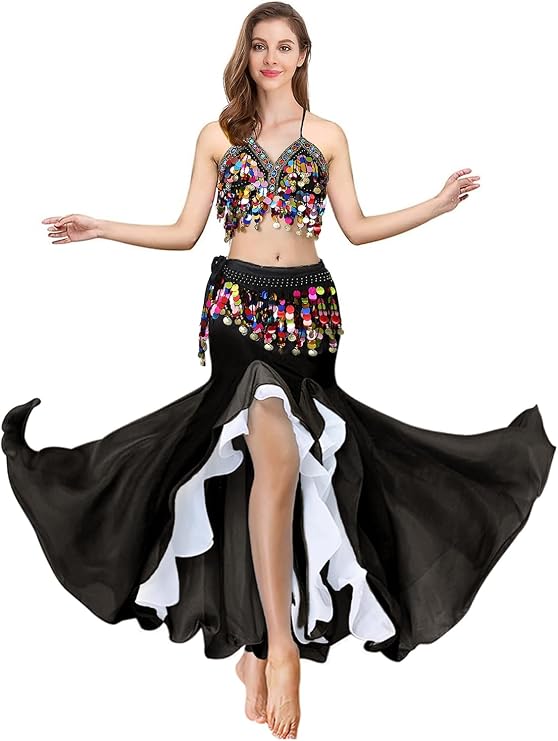 Belly Dance Costume Set for Women Belly Dance Crop Top Bra and Hip Scarf Slit Dance Skirt Halloween Outfit