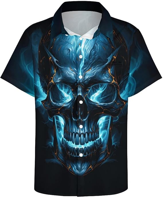 Button Down Shirt for Men Casual Skull Print Hawaiian Shirts Beach Short Sleeve