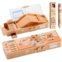 Cute Capybara Themed Stationery Set, Multi-Functional Password Pencil Case with Lock and 12-Color Retractable Ballpoint Pen, Orange Car Print Pencil Box for Kids, Ideal for School and Gifting