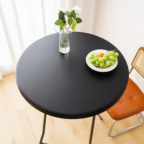 Odot Round Tablecloth Waterproof Wipe Clean 60-140cm, PU Leather Round Outdoor Table Cover Fitted Elastic Edged Circle Table Cloth Protector Decorative for Kitchen Dining Room (Black,120cm)