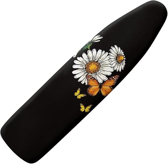 Iron Board Cover with Scorch Resistant Thick Snug Padding, Daisy Butterfly Home Decoraiton for Ironing Cover with Hook and Loop, Black