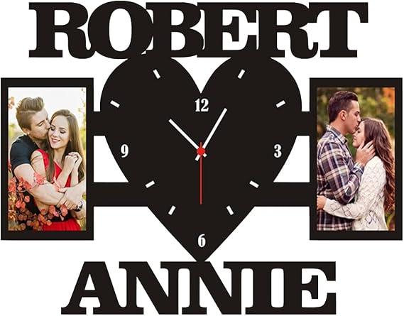 Couple Photo Frame Wall Clock Personalized Photo Name Living Room Bedroom Wall Hanging Collage Family Photo Wood Clock Gift for Valentine's Day (Heart-Black)