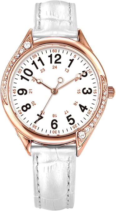 MOVEBEST Ladies Quartz Watch, Crystal Rhinestone Bezel, White Dial, Black Leather Band