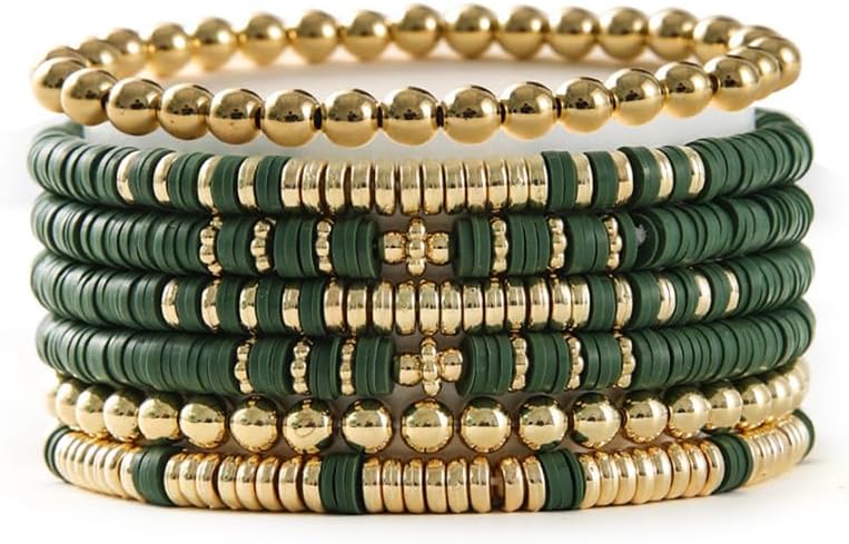 Heishi Clay Bead Bracelets Pack for Women Boho Friendship Stretch Bracelets Set Stackable Gold Beads Bracelets Jewelry for Gift