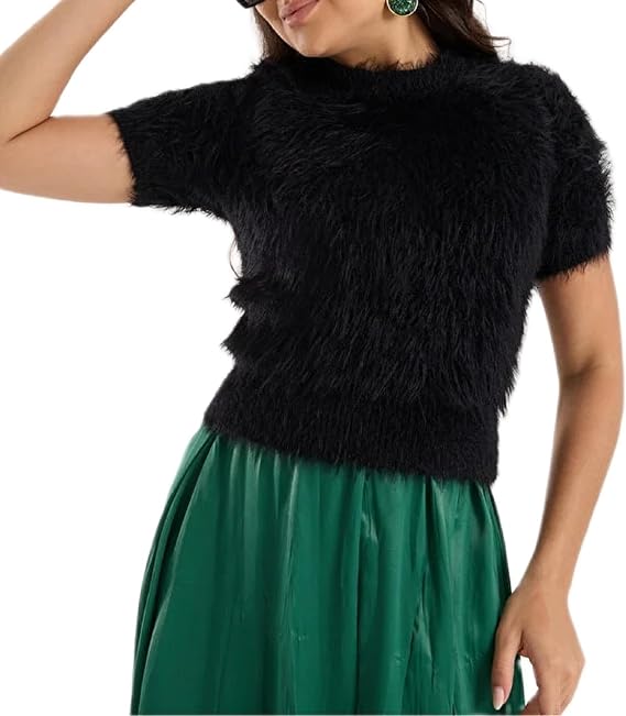 Women Fuzzy Sweaters Soft Furry Short Sleeve Fluffy Cozy Pullover Cropped Sweater Cute Casual Jumper Tops