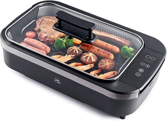 X&E Smokeless Indoor Grill, 1500W Non-Stick Removable Grill Rack & Pan, Adjustable Temperature up to 450F, Fast Heat Up, Dishwasher Safe, Ideal for Steaks, Burgers, Fish & Veggies, Serves 5 People