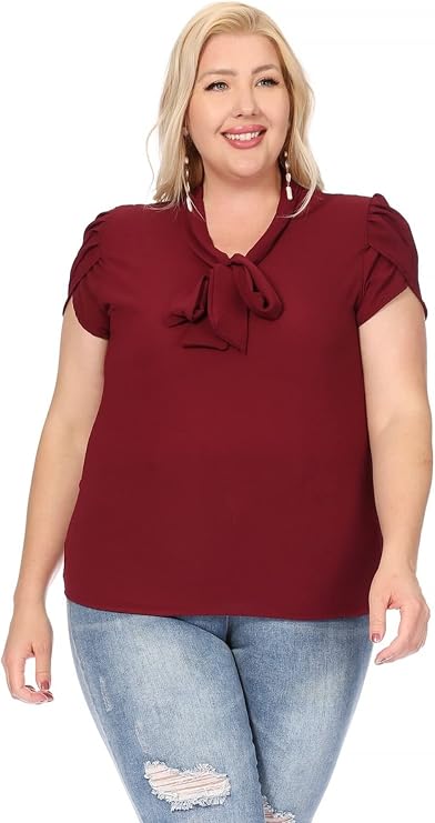 Women's Plus Size Casual Solid Petal Sleeve Bow Tie Neck Short Sleeve Blouse Shirt Top