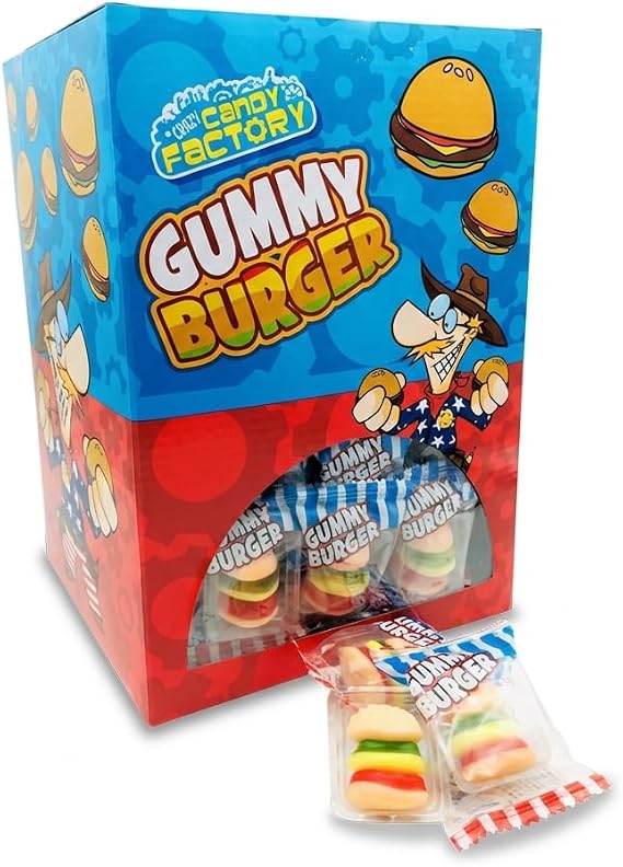 Crazy Candy Factory Gummy Mini Burgers 100 x 10g Bulk Bag | Individually Wrapped Fruit Flavour Chewy Sweets | Fun Novelty Treats for Party Bags and Sharing