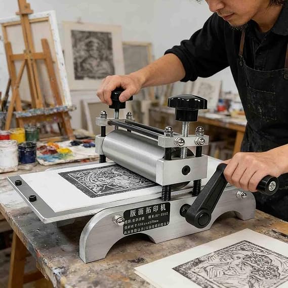 Mini Table Top Model Etching Press Machine Manual Rubbing and Printmaking Press for Monochrome and Block Printing Features a 17cm x 30cm (11.8" L x 6.9" W) Printing Size for Detailed Work