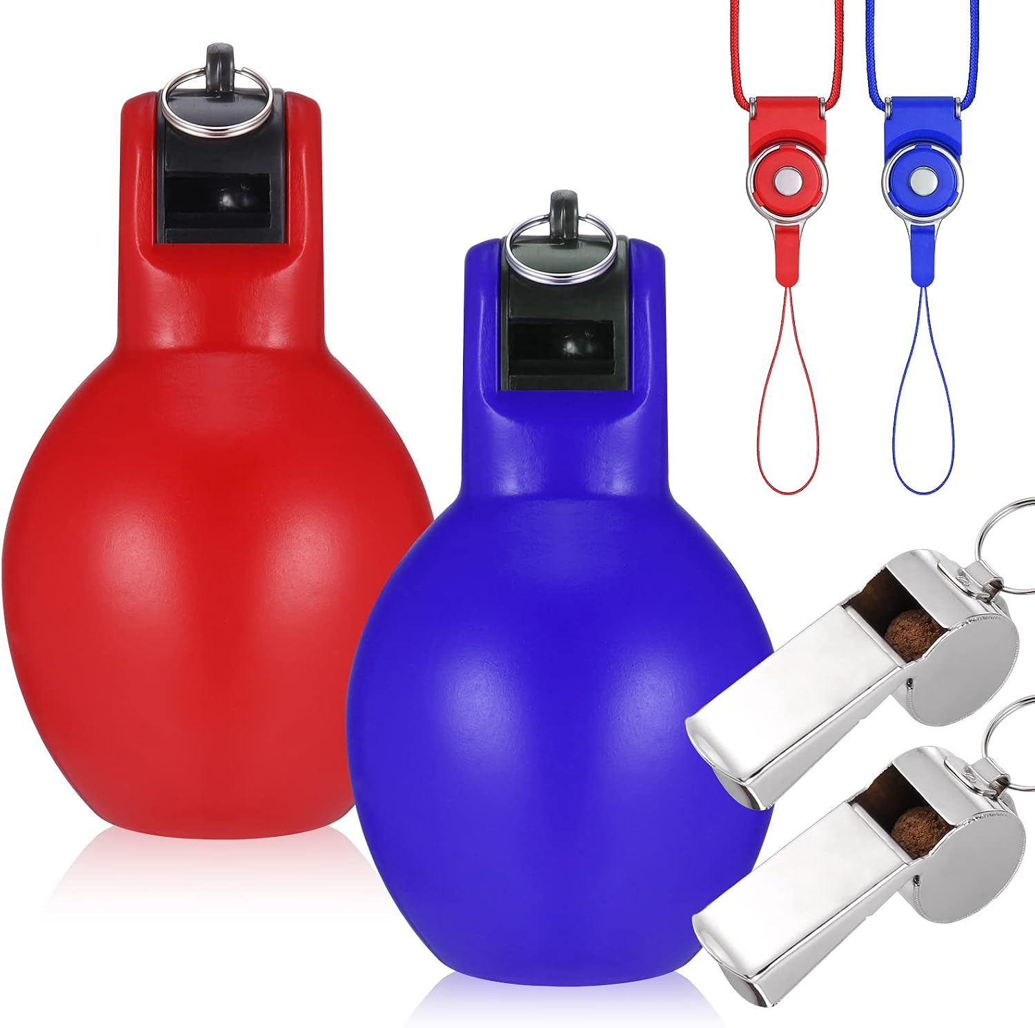 Hejo 2 Squeeze Whistle, Come with 2 Stainless Steel Sports Whistles, Hygienic Hand whistle for Coaches, all with Lanyard for Physical Education Instructor Dog Trainer and Kids Sports, Pack of 4