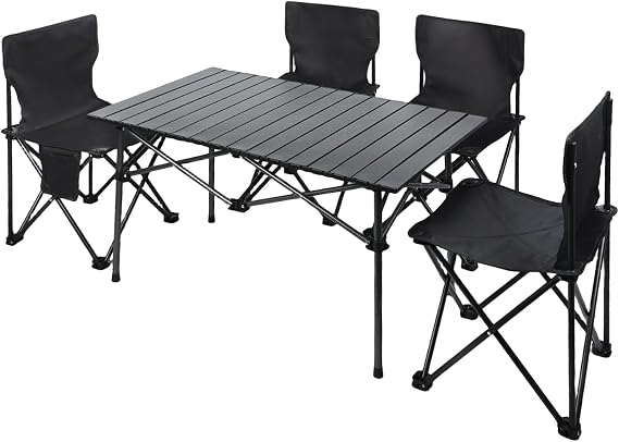Camping Picnic Table, Garden Tables and Chairs Set 4, (4Pcs Chair 1Pc Table), Fishing BBQ Hiking Folding Portable Outdoor Tables Chairs with Large Storage Organizer and Carrying Bag Black