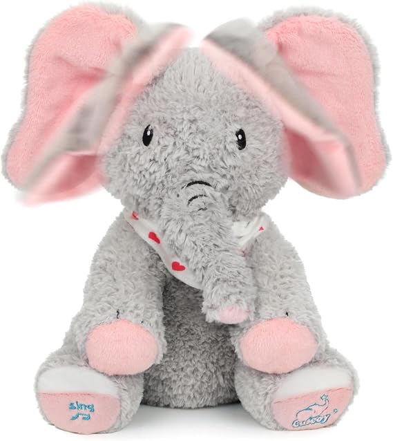 Peek A Boo Elephant Interactive Plush Toy with Moving Ears Musical Singing Talking Stuffed Animal Adorable Electric Animate Christmas Birthday Gifts for Girls Boys