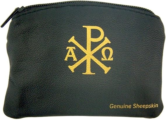 WJ Hirten Ava Maria and Chi Rho Cross Sheepskin Leather Rosary Case with Velvet Lining, Black, 3 1/4 Inch